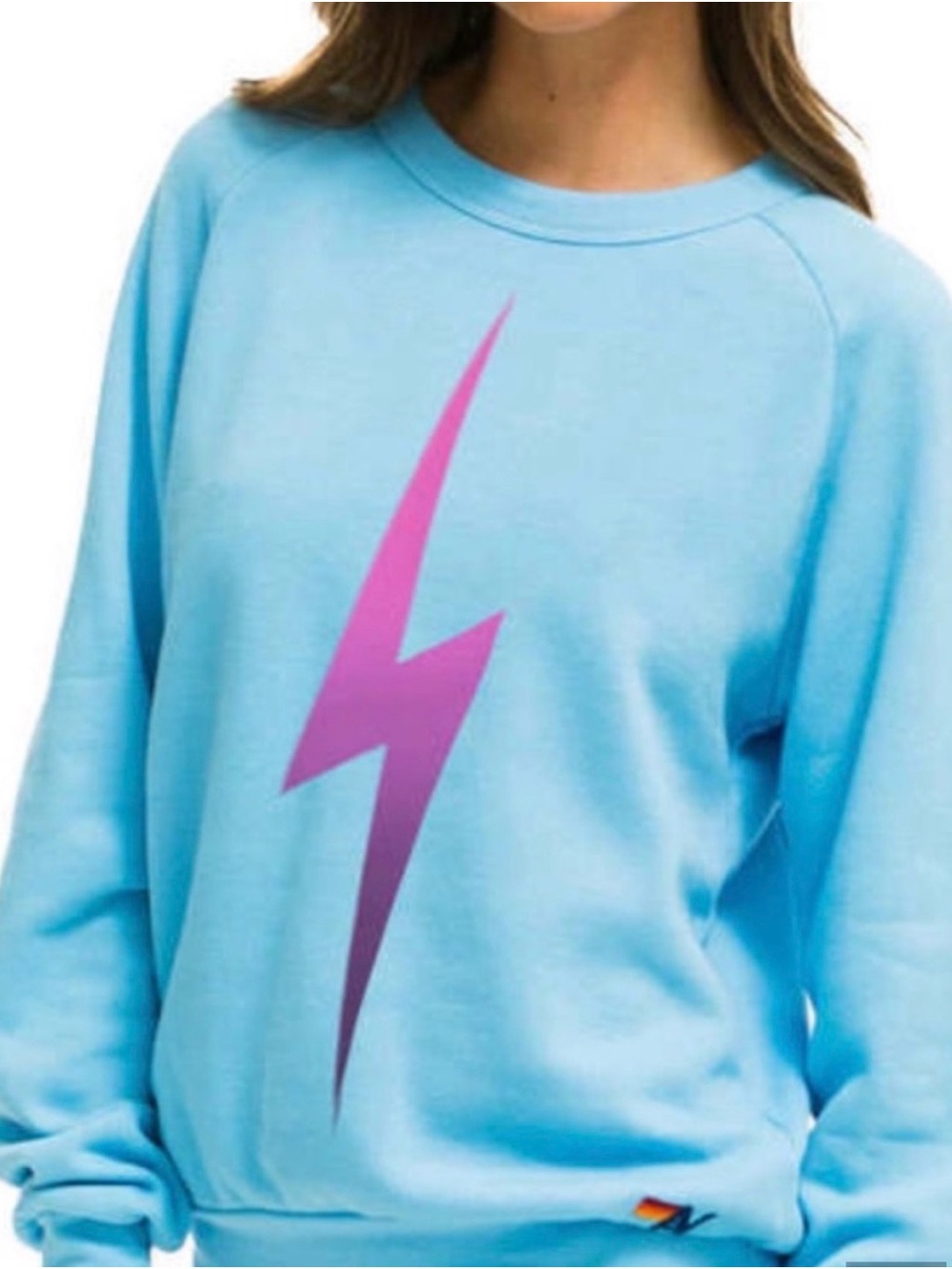 Aviator Nation Sky Blue Crewneck with Pink Lightning Graphic - Picture 1 of 8